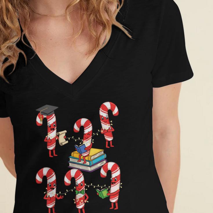 Bookmas Christmas Books Shirt Candy Cane Bookworm Women's Jersey Short Sleeve Deep V-Neck Tshirt