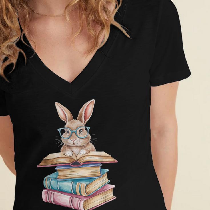 Books Bookworm Reader Book Cute Reading Bunny With Glasses Women's Jersey Short Sleeve Deep V-Neck Tshirt
