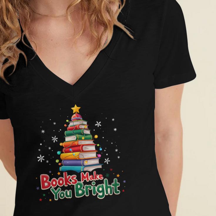 Books Make You Bright Christmas Librarian Book Lover Women's Jersey Short Sleeve Deep V-Neck Tshirt