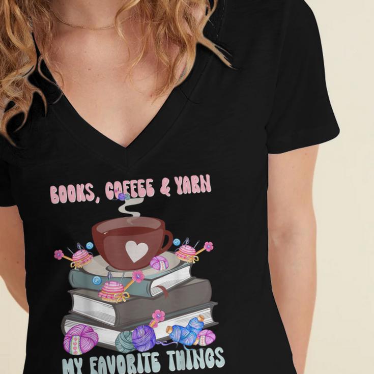 Books Coffee Yarn Lover My Favorite Things Women's Jersey Short Sleeve Deep V-Neck Tshirt