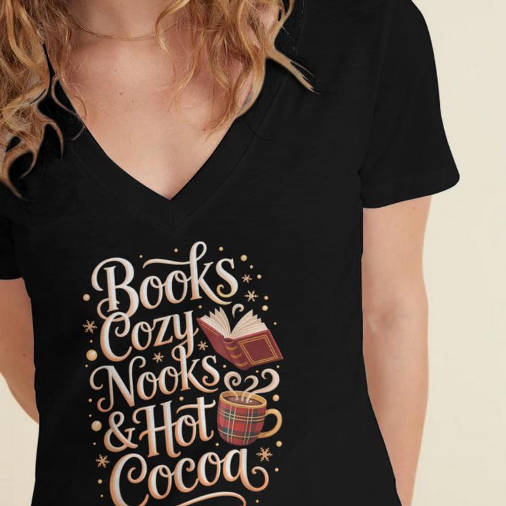 Books Cozy Nooks Hot Cocoa Winter Reading Warmth Comfort Women's Jersey Short Sleeve Deep V-Neck Tshirt