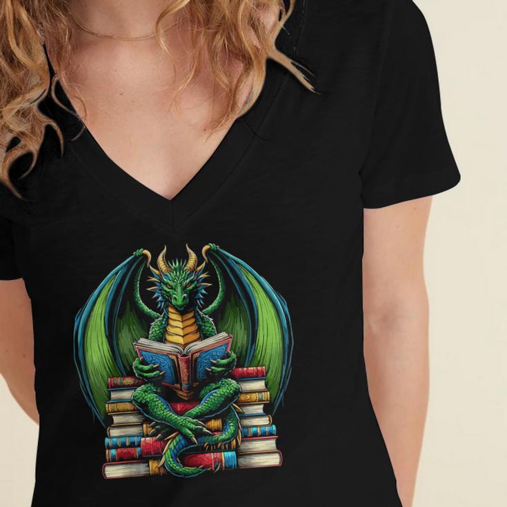 Books Dragon Reading Book Women's Jersey Short Sleeve Deep V-Neck Tshirt