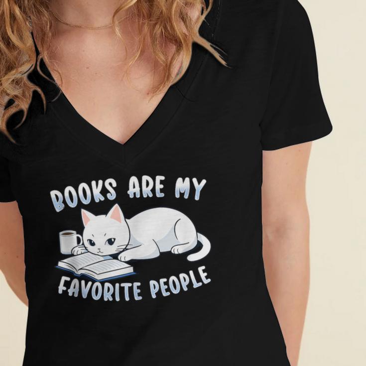 Books Are My Favorite People Cat With Coffee Mug Book Lovers Women's Jersey Short Sleeve Deep V-Neck Tshirt