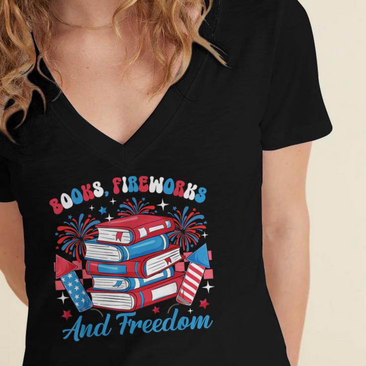 Books Fireworks And Freedom Independence Day Book Lover Women's Jersey Short Sleeve Deep V-Neck Tshirt