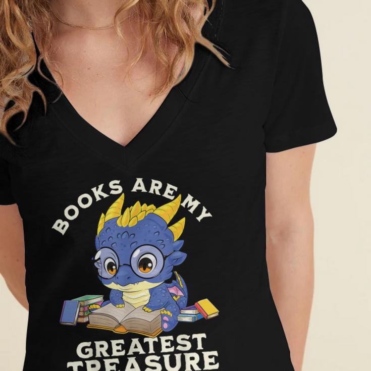 Books Are My Greatest Treasure Kawaii Dragon Reading Books Women's Jersey Short Sleeve Deep V-Neck Tshirt Books Are My Greatest Treasure Kawaii Dragon Reading Books Women's Jersey Short Sleeve Deep V-Neck Tshirt