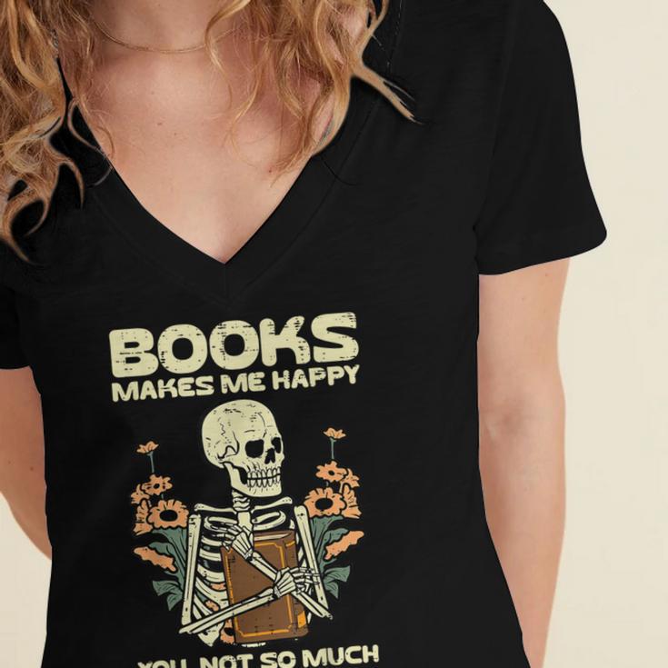 Books Make Me Happy Skeleton Read Reading Librarian Book Women's Jersey Short Sleeve Deep V-Neck Tshirt
