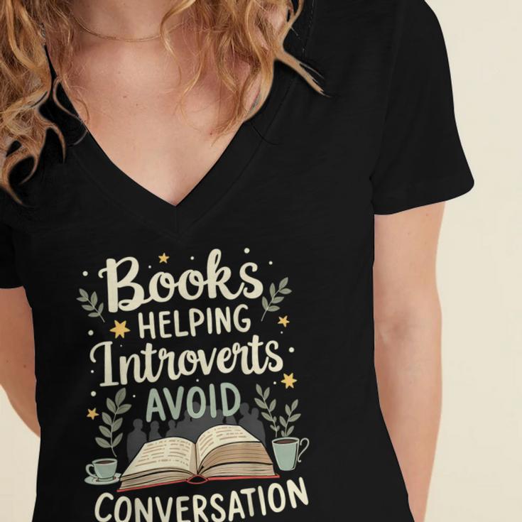 Books Helping Introverts Avoid Conversation Introvert Women's Jersey Short Sleeve Deep V-Neck Tshirt