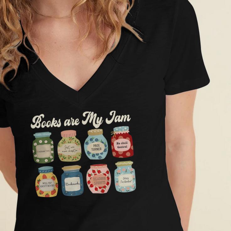 Books Are My Jam Shirt Book Lover Reader Reading Teacher Women's Jersey Short Sleeve Deep V-Neck Tshirt