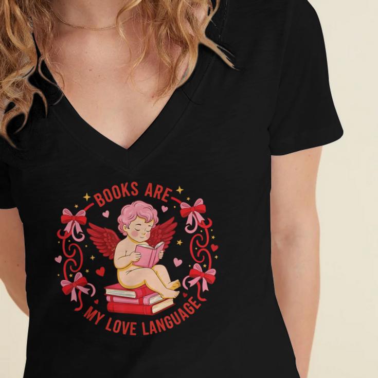 Books Are My Love Language Cupid Reading Book Valentines Day Women's Jersey Short Sleeve Deep V-Neck Tshirt