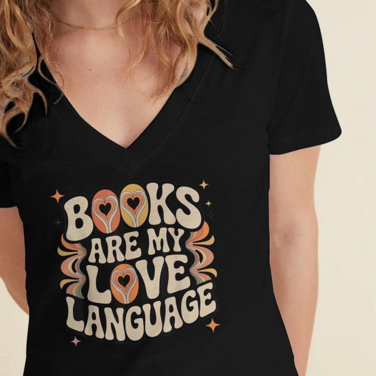 Books Are My Love Language Retro Groovy 70s Book Lover Women's Jersey Short Sleeve Deep V-Neck Tshirt