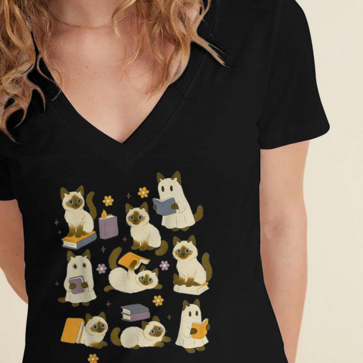Books Lover Bookish Ghost Himalayan Cat Reading Halloween Women's Jersey Short Sleeve Deep V-Neck Tshirt Books Lover Bookish Ghost Himalayan Cat Reading Halloween Women's Jersey Short Sleeve Deep V-Neck Tshirt