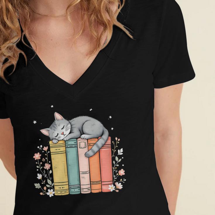 Books Lover Cute Sleepy Cat Relax Reading Vibe Women's Jersey Short Sleeve Deep V-Neck Tshirt