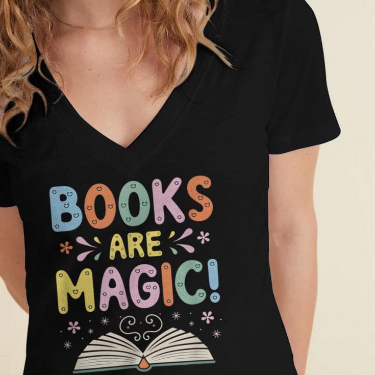 Books Are Magic Whimsical Retro Bookworm Women's Jersey Short Sleeve Deep V-Neck Tshirt