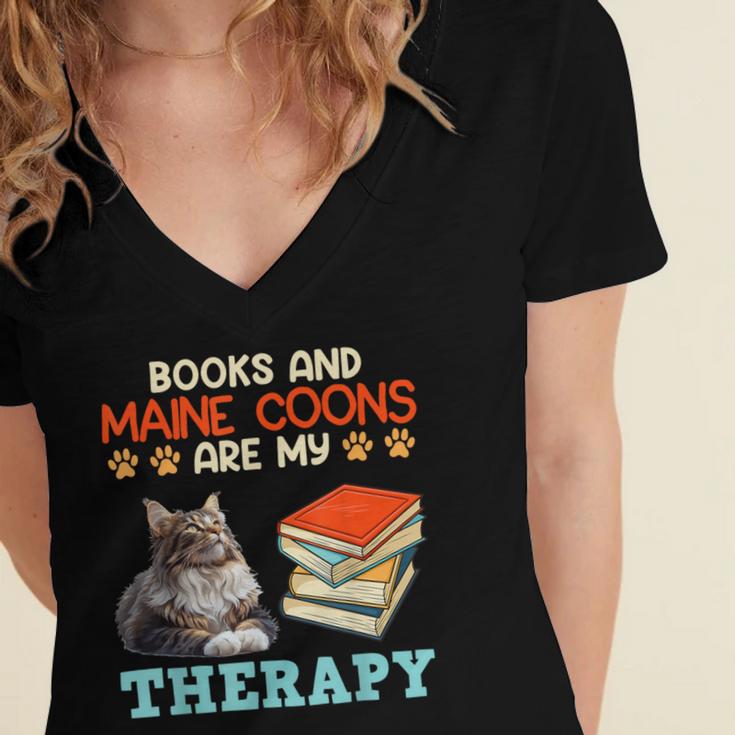 BOOKS AND MAINE COONS ARE MY THERAPY Main Coon Women's Jersey Short Sleeve Deep V-Neck Tshirt
