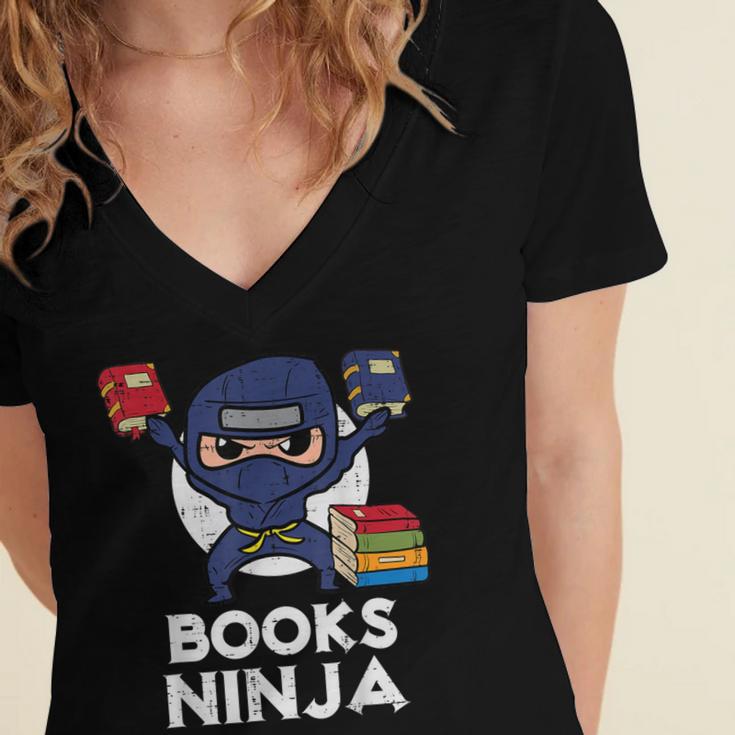 Books Ninja Read Reading Librarian Book Toddler Boys Kids Women's Jersey Short Sleeve Deep V-Neck Tshirt