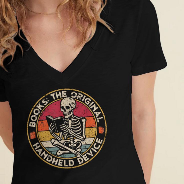 Books The Original Handheld Device Vintage Book Reading Women's Jersey Short Sleeve Deep V-Neck Tshirt