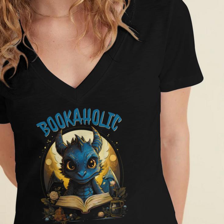 Books Quote Bookaholic Dragon Bookish Reading Women's Jersey Short Sleeve Deep V-Neck Tshirt