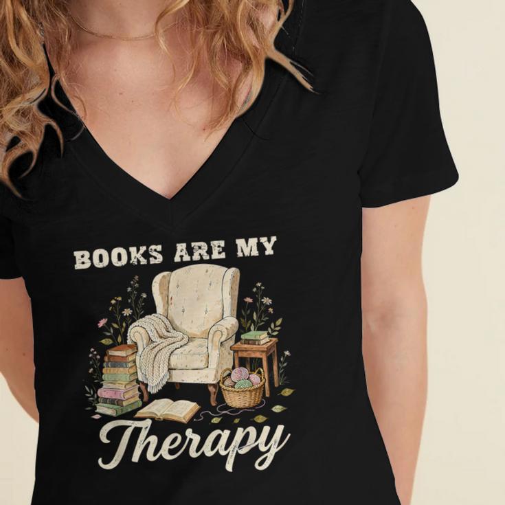 Books Are My Therapy Cozy Reading Chair Artwork Women's Jersey Short Sleeve Deep V-Neck Tshirt Books Are My Therapy Cozy Reading Chair Artwork Women's Jersey Short Sleeve Deep V-Neck Tshirt