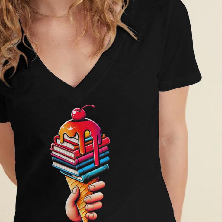 Books Reading Ice Cream Women's Jersey Short Sleeve Deep V-Neck Tshirt
