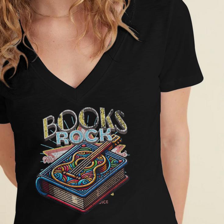 Books Rock Rock'n Roll Science Of Reading Teachers Guitar Women's Jersey Short Sleeve Deep V-Neck Tshirt Books Rock Rock'n Roll Science Of Reading Teachers Guitar Women's Jersey Short Sleeve Deep V-Neck Tshirt