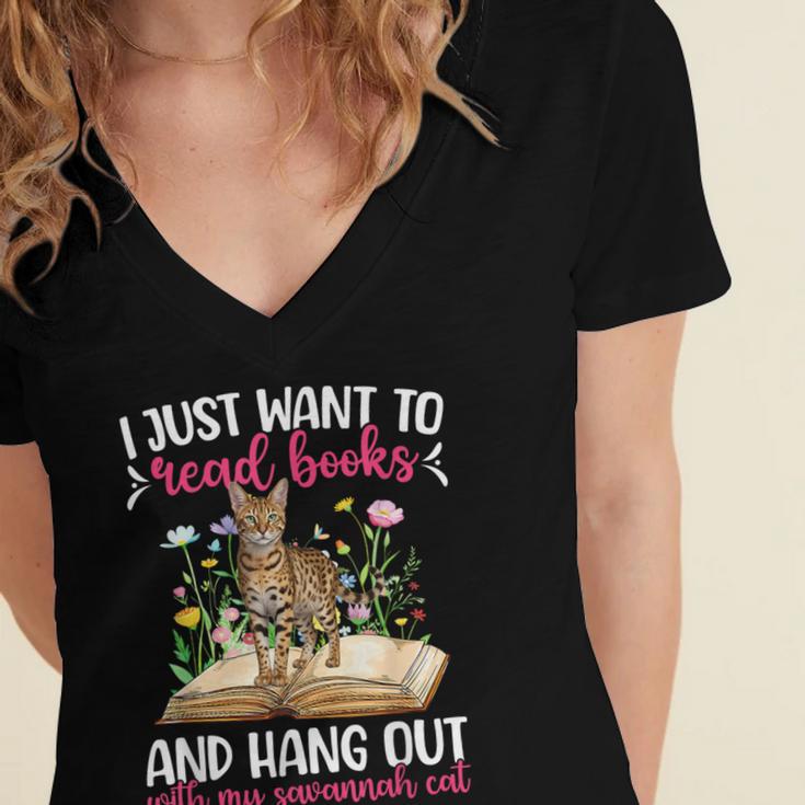 Books And My Savannah Cat Owner Savannah Cat Lover Women's Jersey Short Sleeve Deep V-Neck Tshirt