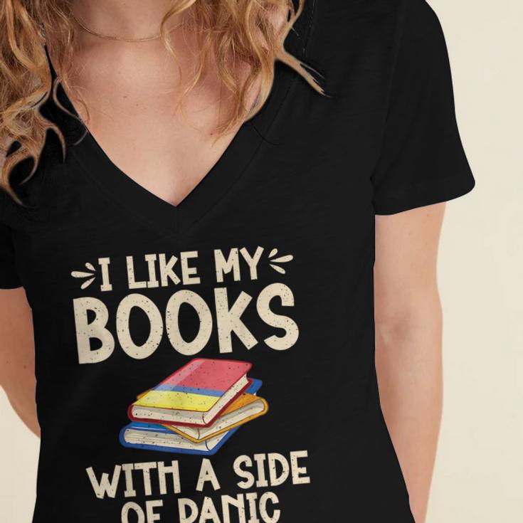 I Like My Books With a Side Of Panic Thriller Women's Jersey Short Sleeve Deep V-Neck Tshirt