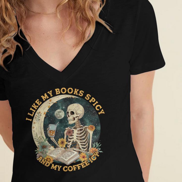 I Like My Books Spicy & My Coffee Icy Skeleton Read Book Women's Jersey Short Sleeve Deep V-Neck Tshirt
