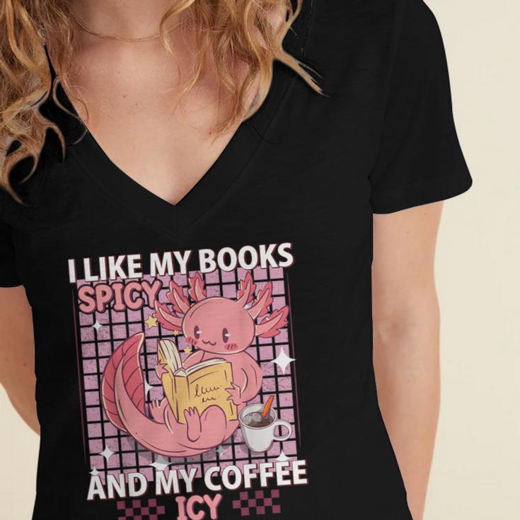 I Like My Books Spicy And My Coffee Icy Librarian Women's Jersey Short Sleeve Deep V-Neck Tshirt