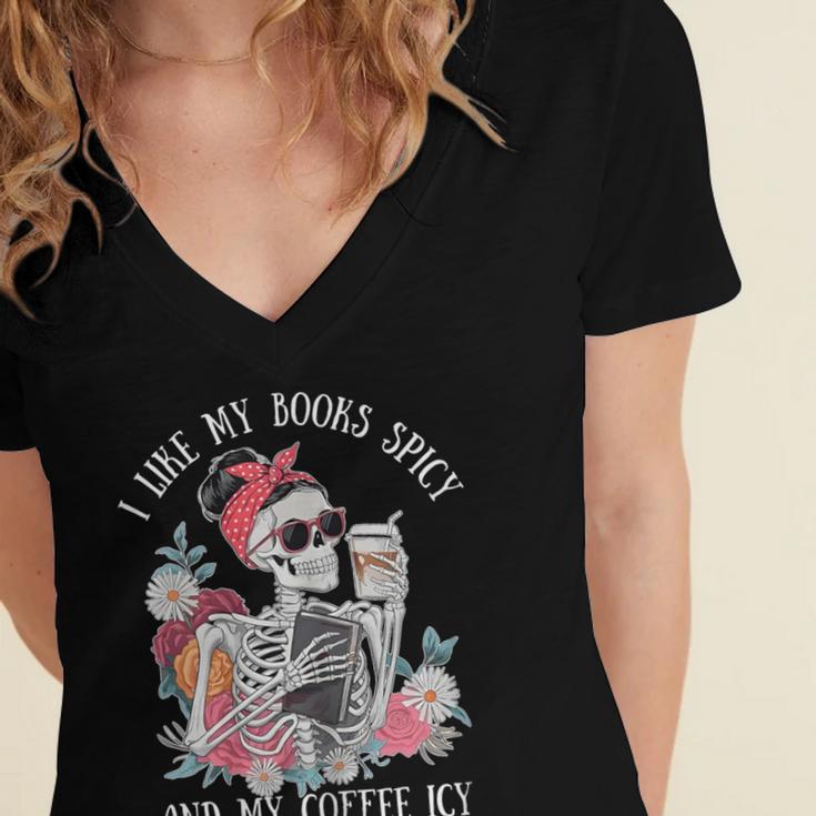 I Like My Books Spicy And My Coffee ICY Skeleton Women Women's Jersey Short Sleeve Deep V-Neck Tshirt I Like My Books Spicy And My Coffee ICY Skeleton Women Women's Jersey Short Sleeve Deep V-Neck Tshirt