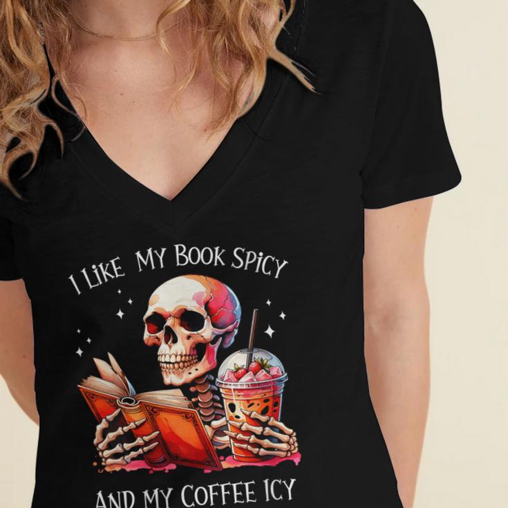 I Like My Books Spicy And My Coffee Icy Skeleton Women's Jersey Short Sleeve Deep V-Neck Tshirt