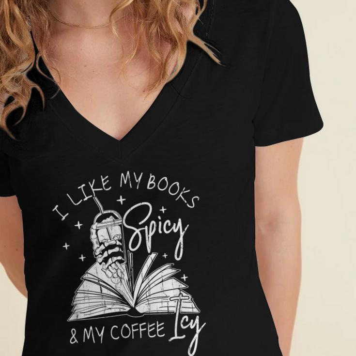 I Like My Books Spicy And My Coffee ICY Women's Jersey Short Sleeve Deep V-Neck Tshirt I Like My Books Spicy And My Coffee ICY Women's Jersey Short Sleeve Deep V-Neck Tshirt
