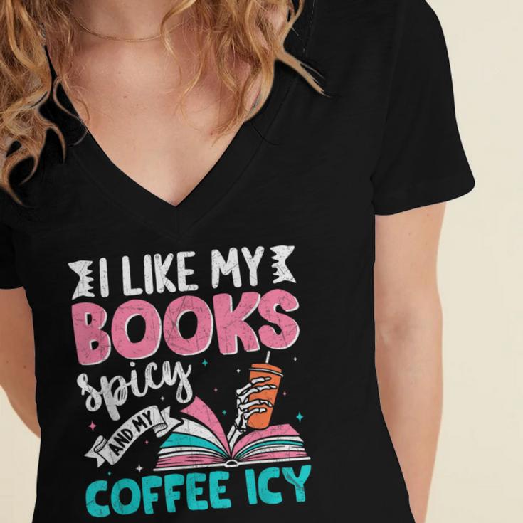 I Like My Books Spicy Coffee ICY Women's Jersey Short Sleeve Deep V-Neck Tshirt