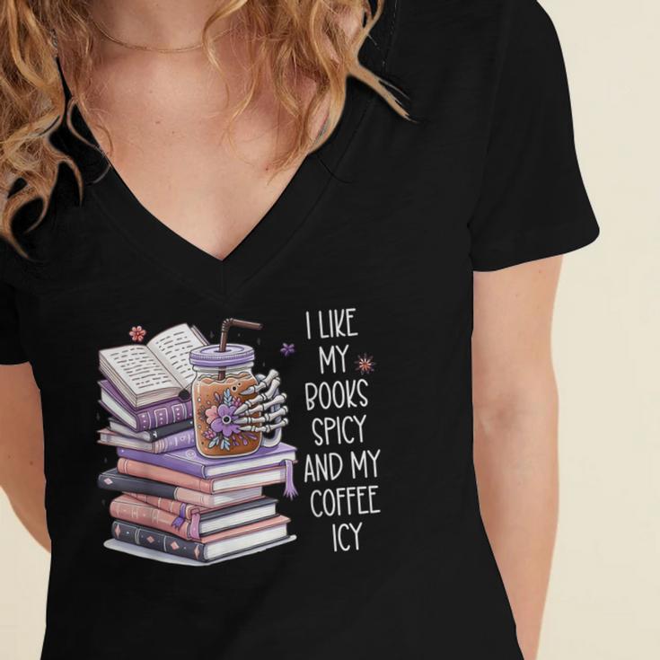 I Like My Books Spicy ShirtI Like Books Spicy & Coffee ICY Women's Jersey Short Sleeve Deep V-Neck Tshirt
