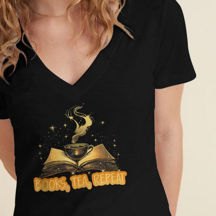 Books Tea Repeat Women's Jersey Short Sleeve Deep V-Neck Tshirt