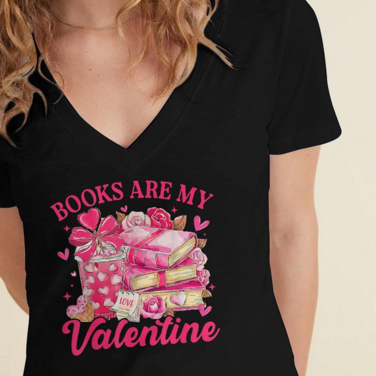 Books Are My Valentine Book Lover Heart Matching Party Women's Jersey Short Sleeve Deep V-Neck Tshirt