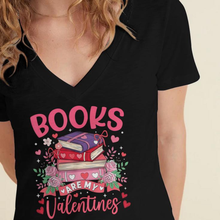Books Are My Valentine Coquette Bow Book Flower Girl Women Women's Jersey Short Sleeve Deep V-Neck Tshirt