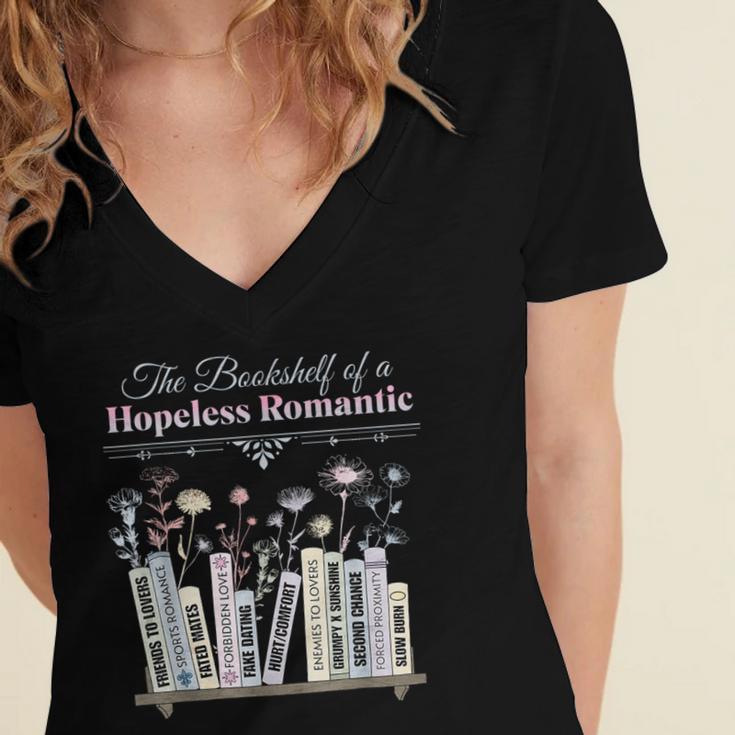 The Bookshelf Of a Hopeless Romantic Rom-Com Reading Bookish Women's Jersey Short Sleeve Deep V-Neck Tshirt The Bookshelf Of a Hopeless Romantic Rom-Com Reading Bookish Women's Jersey Short Sleeve Deep V-Neck Tshirt