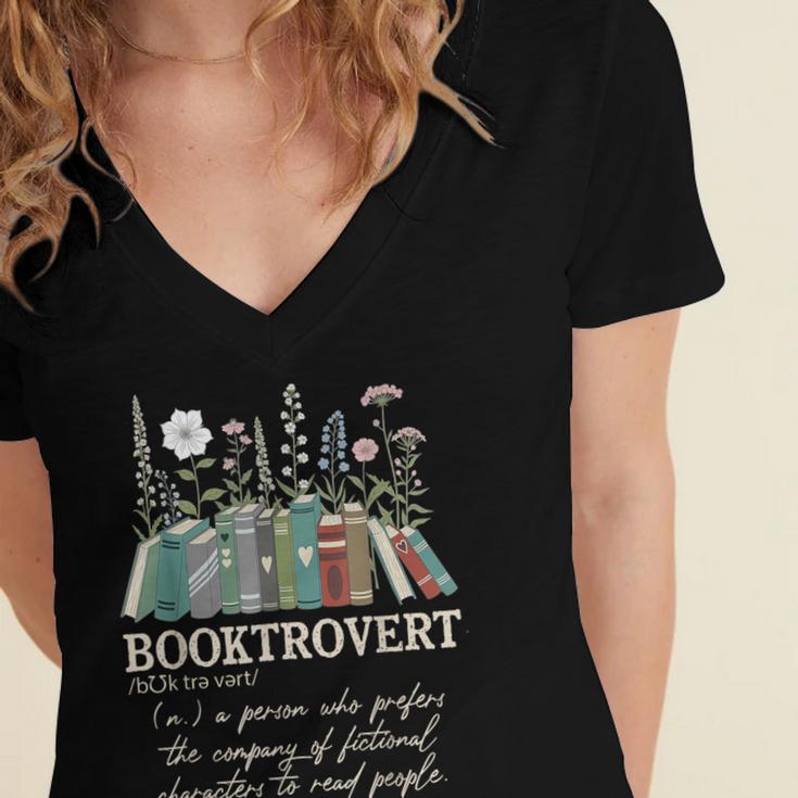 Booktrovert Definition Floral Books Reading Teacher Library Women's Jersey Short Sleeve Deep V-Neck Tshirt