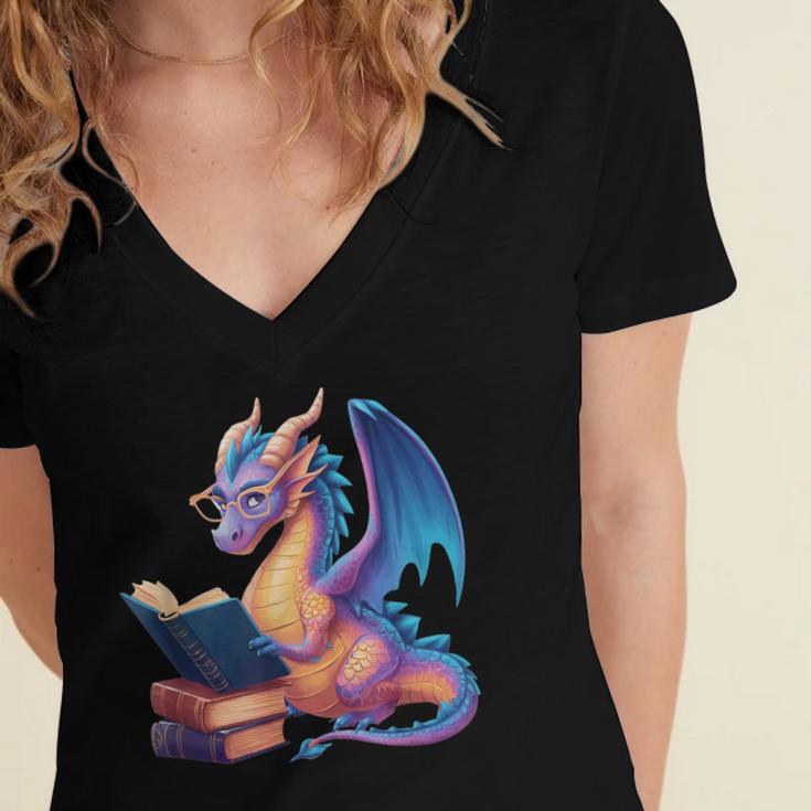 Bookworm Book Lover Women Girls Dragon Reading Women's Jersey Short Sleeve Deep V-Neck Tshirt Bookworm Book Lover Women Girls Dragon Reading Women's Jersey Short Sleeve Deep V-Neck Tshirt