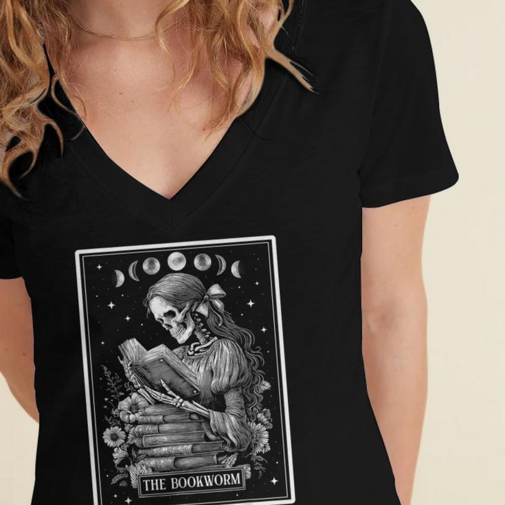 The Bookworm Book Reader Reading Tarot Card Witchy Moon Women's Jersey Short Sleeve Deep V-Neck Tshirt