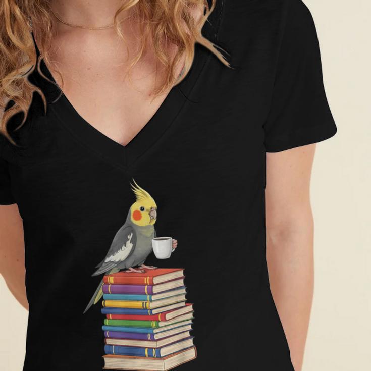 Bookworm Cockatiel Bird Reading Books Drinking Coffee Lover Women's Jersey Short Sleeve Deep V-Neck Tshirt
