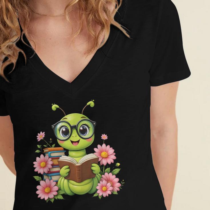 Bookworm Costume Kawaii Reading Worm For World Book Day Women's Jersey Short Sleeve Deep V-Neck Tshirt