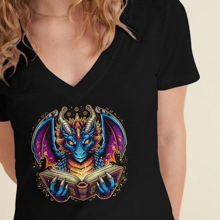 Bookworm Dragon Reading Book Lover Women's Jersey Short Sleeve Deep V-Neck Tshirt