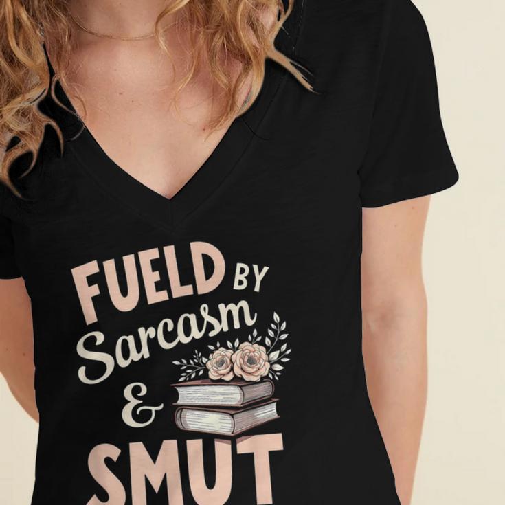Bookworm Fueled By Sarcasm And Smut Book Reading Women's Jersey Short Sleeve Deep V-Neck Tshirt