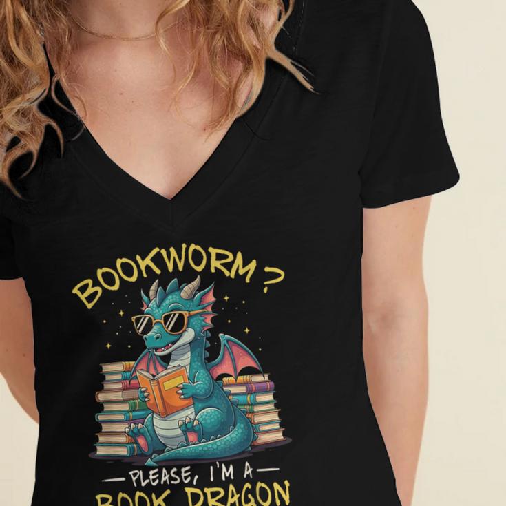 Bookworm I'm A Book Dragon Reading Books Bookish Book Lover Women's Jersey Short Sleeve Deep V-Neck Tshirt