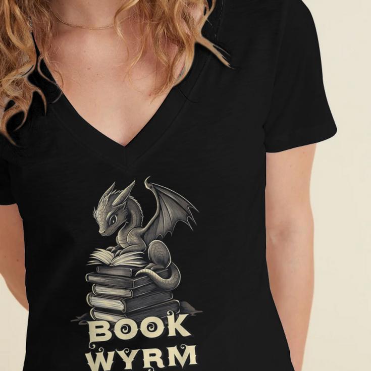 Bookwyrm Dragon Fantasy Bookish Fairytale Book Lover Women's Jersey Short Sleeve Deep V-Neck Tshirt Bookwyrm Dragon Fantasy Bookish Fairytale Book Lover Women's Jersey Short Sleeve Deep V-Neck Tshirt