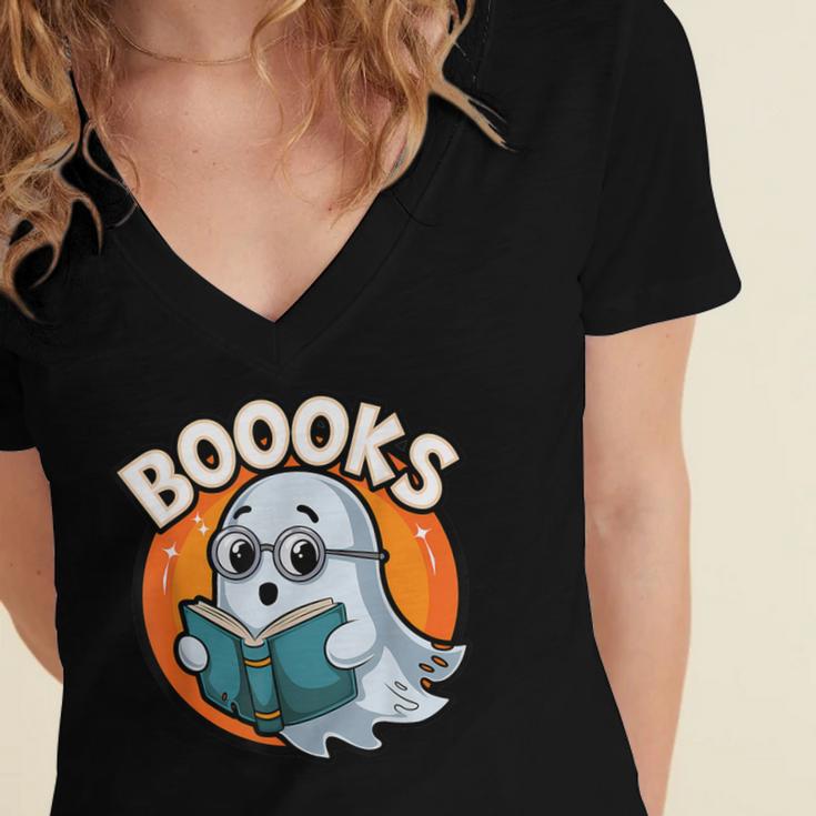 BOOOKS Cute Ghost Reading Books Halloween Women's Jersey Short Sleeve Deep V-Neck Tshirt