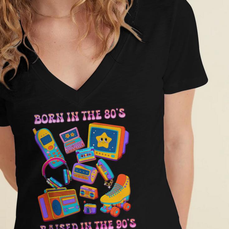Born In The 80s Raised In The 90s Nostalgia Retro Memories Women's Jersey Short Sleeve Deep V-Neck Tshirt
