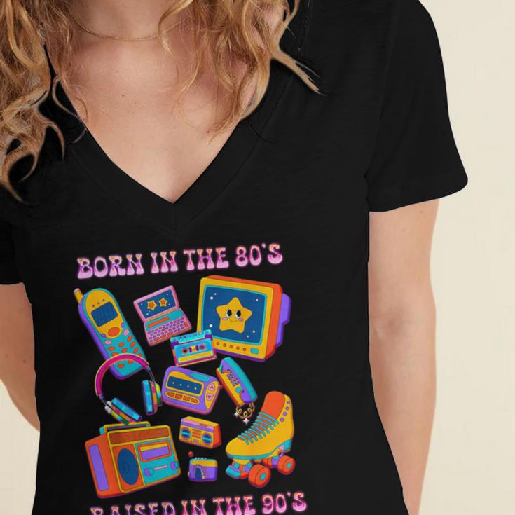 Born In The 80s Raised In The 90s Nostalgia Retro Memories Women's Jersey Short Sleeve Deep V-Neck Tshirt