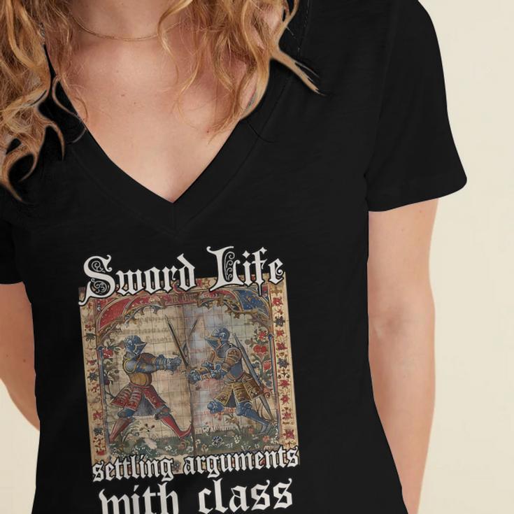 Buhurt Hourly Book Epic Knight Fight In Armor Buhurt Women's Jersey Short Sleeve Deep V-Neck Tshirt Buhurt Hourly Book Epic Knight Fight In Armor Buhurt Women's Jersey Short Sleeve Deep V-Neck Tshirt